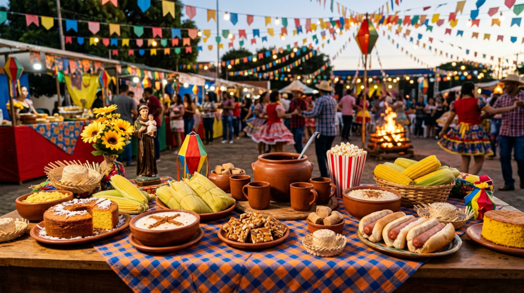 Table with traditional Brazilian festival foods and decorations at outdoor party with dancing people